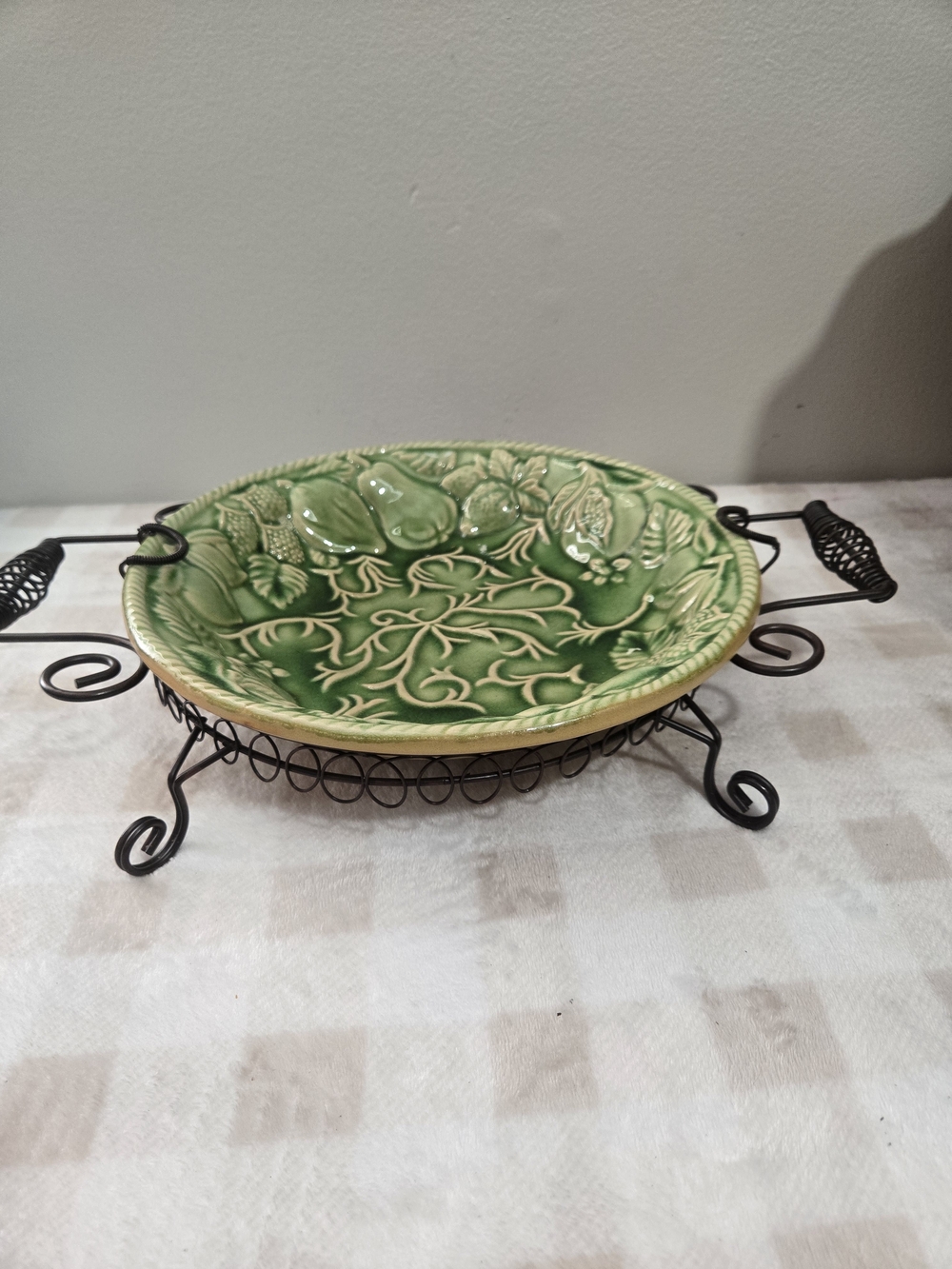 VintageGreen Round Floral Ceramic Tray 15 in w/ Black Metal Stand Handles Glossy